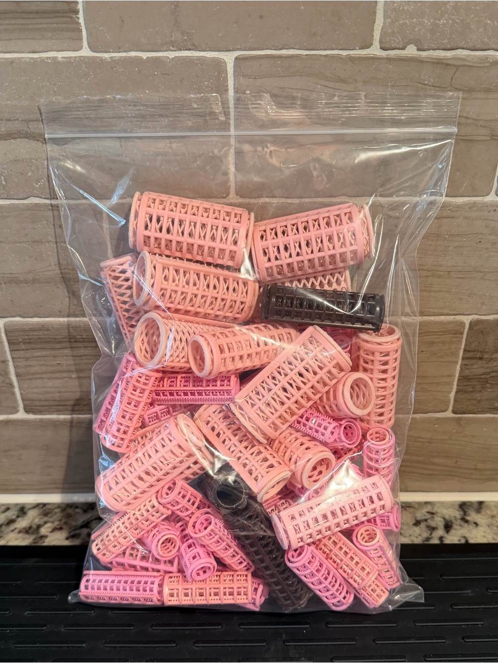 Vintage 65 Piece (Two-Piece) Mesh Plastic Hair Rollers Lot + 4 Cores Pink Brown